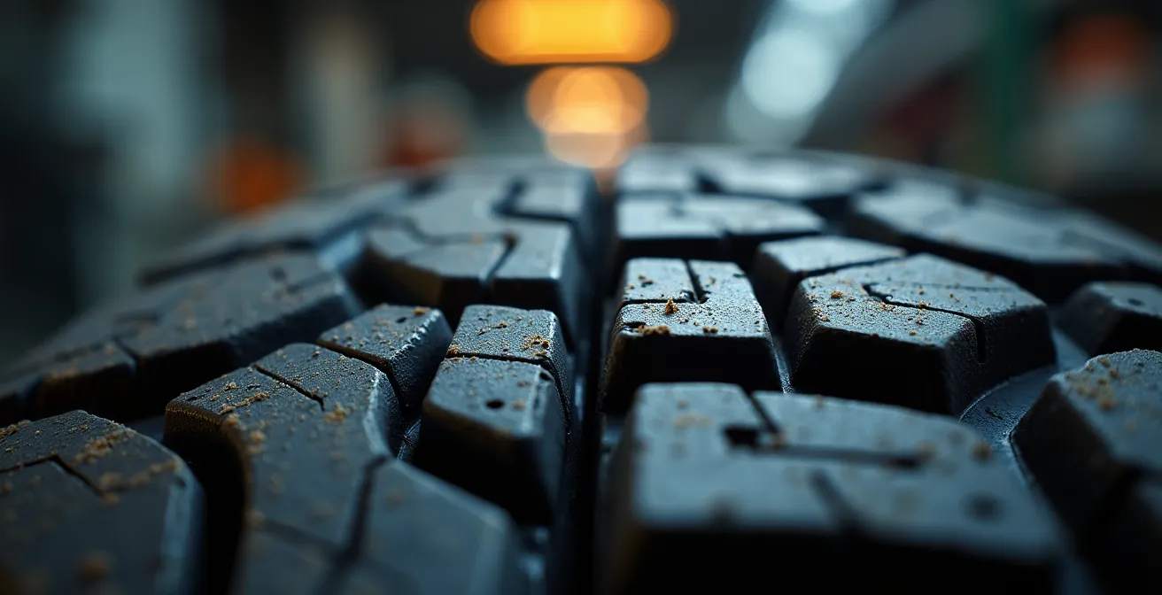 Détail macro de l'usure différentielle entre pneus 4 saisons et spécialisés