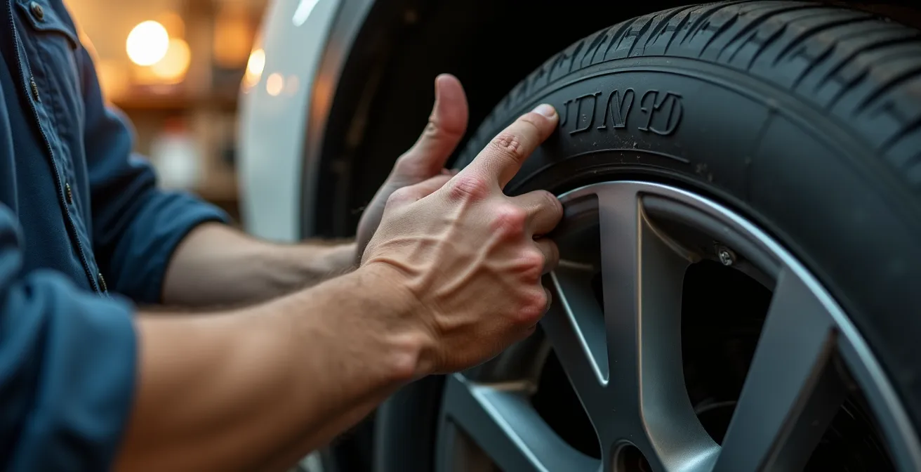 Mains d'expert automobile examinant les marquages techniques d'un pneu 4 saisons