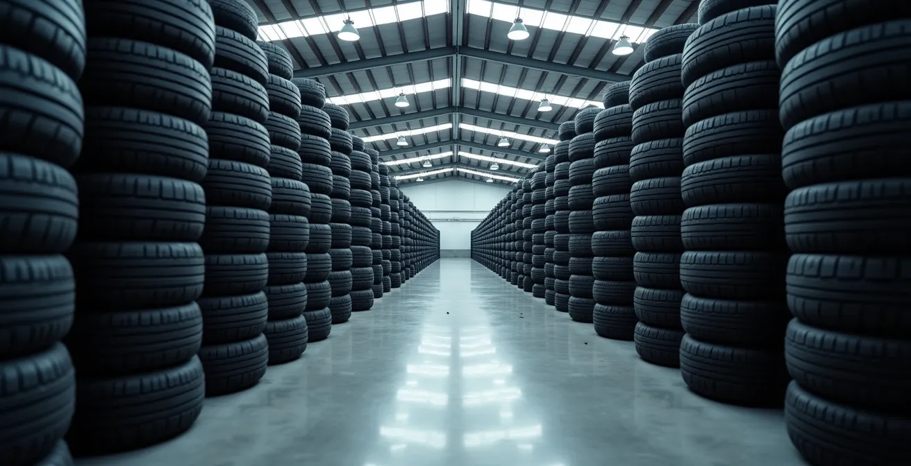 Vue d'ensemble d'un entrepôt de pneus avec rangées organisées