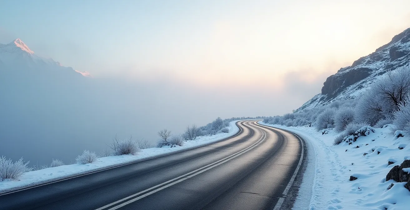 Route de montagne montrant la zone de transition thermique critique à 7°C