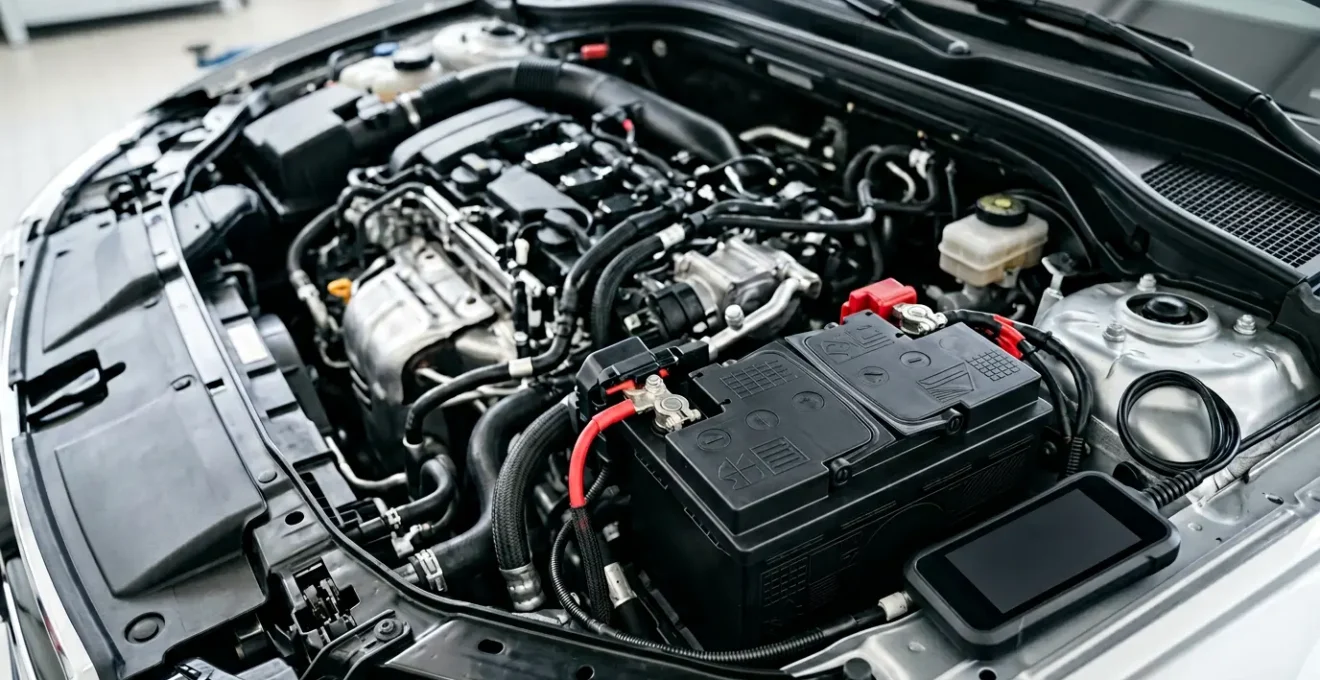 Sous le capot d'une voiture moderne avec batterie AGM visible et système de diagnostic électronique