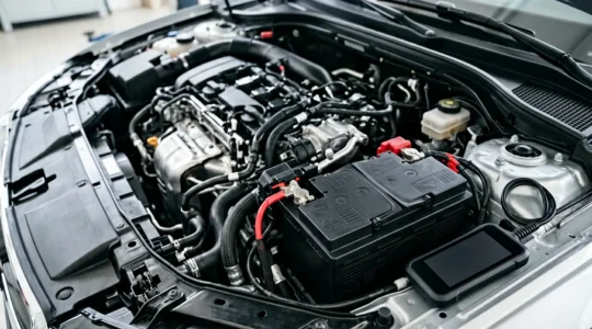 Sous le capot d'une voiture moderne avec batterie AGM visible et système de diagnostic électronique