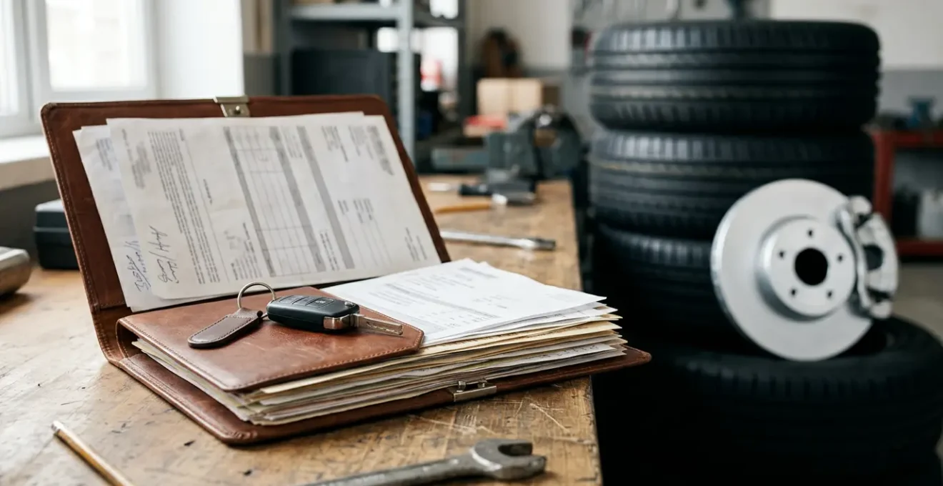 Classeur ouvert contenant des factures d'entretien automobile soigneusement organisées avec des pneus neufs en arrière-plan
