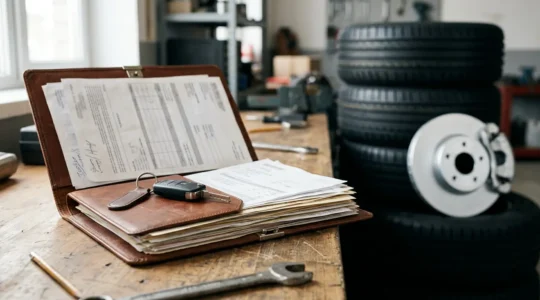 Classeur ouvert contenant des factures d'entretien automobile soigneusement organisées avec des pneus neufs en arrière-plan
