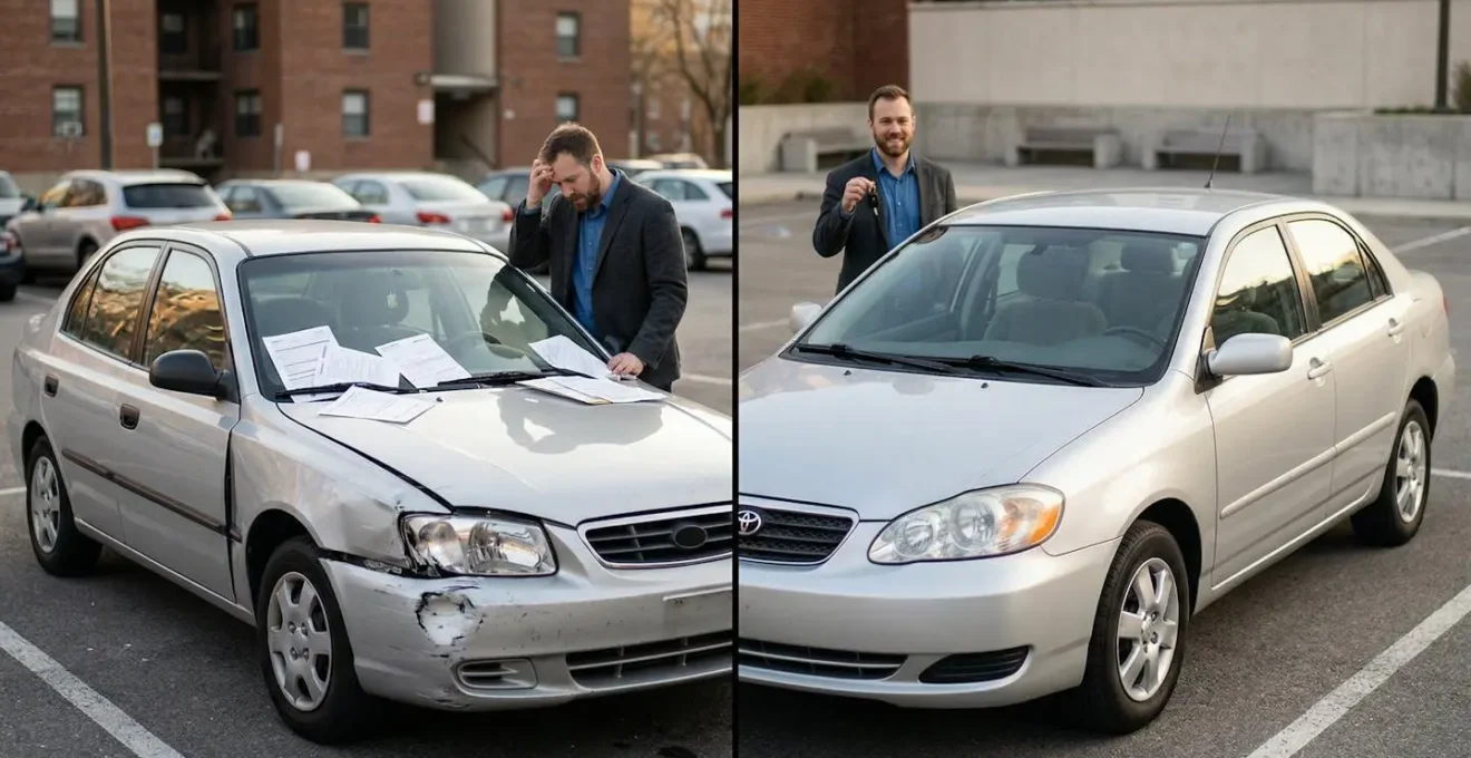 Vue latérale d'une voiture d'occasion de valeur modeste dans un parking extérieur avec deux personnes discutant d'assurance