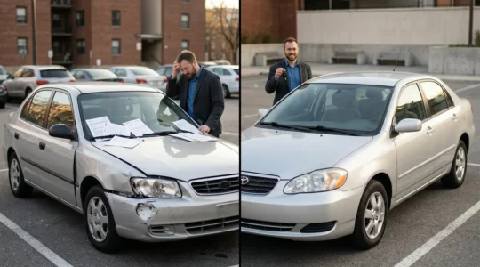 Vue latérale d'une voiture d'occasion de valeur modeste dans un parking extérieur avec deux personnes discutant d'assurance
