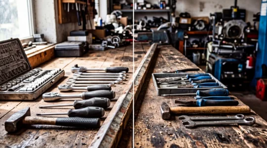Vue comparative d'outils mécaniques professionnels et grand public disposés sur un établi de garage