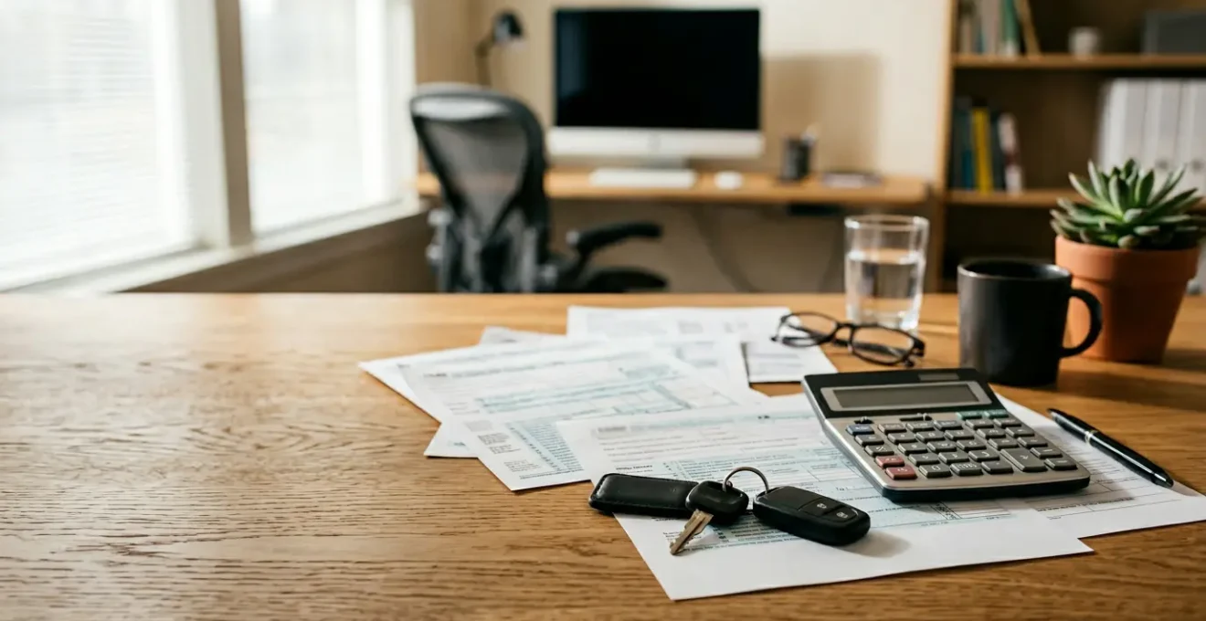 Bureau moderne avec calculatrice, formulaire fiscal et clés de voiture sur table en bois