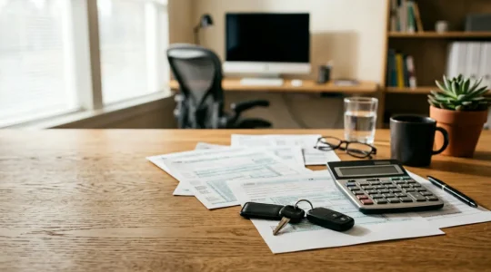 Bureau moderne avec calculatrice, formulaire fiscal et clés de voiture sur table en bois