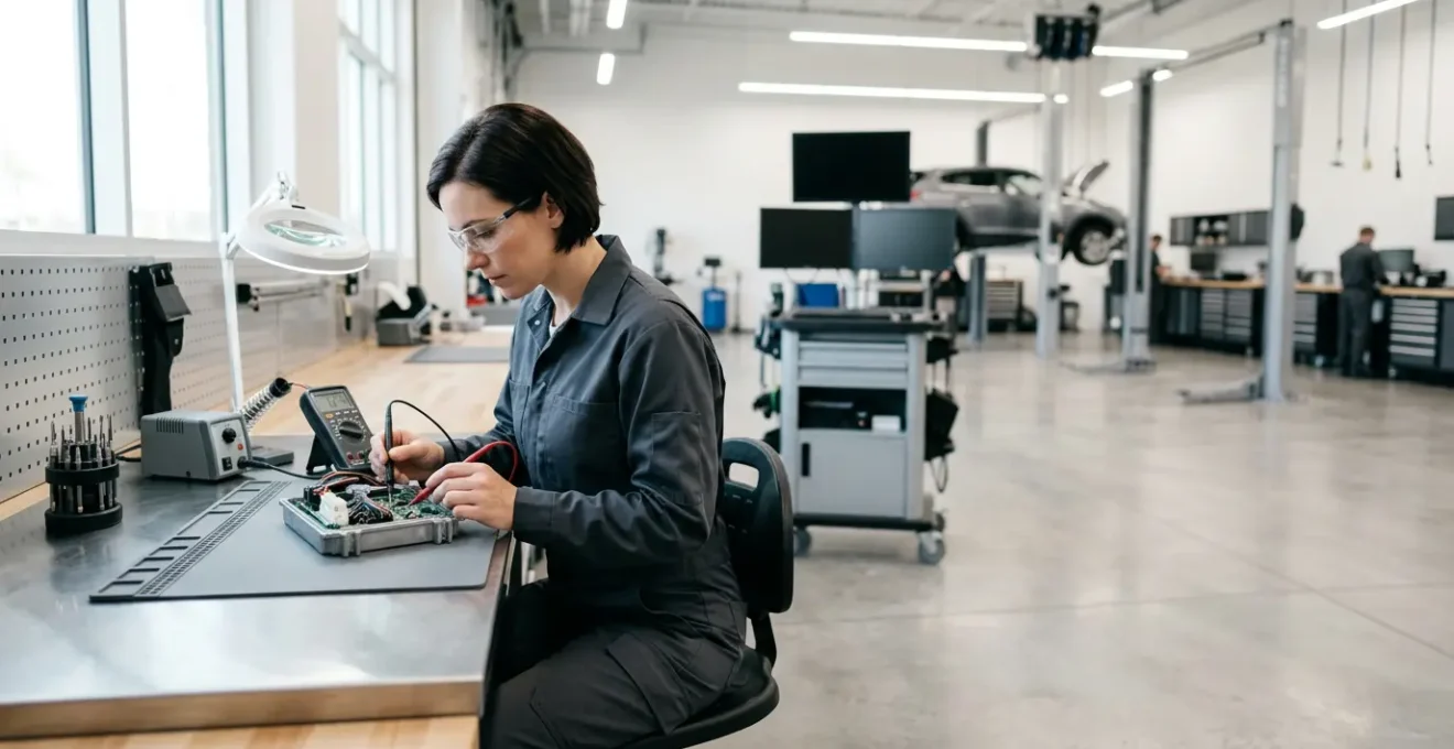 Mécanicien analysant un calculateur moteur dans un atelier automobile professionnel