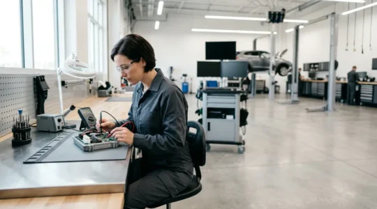 Mécanicien analysant un calculateur moteur dans un atelier automobile professionnel