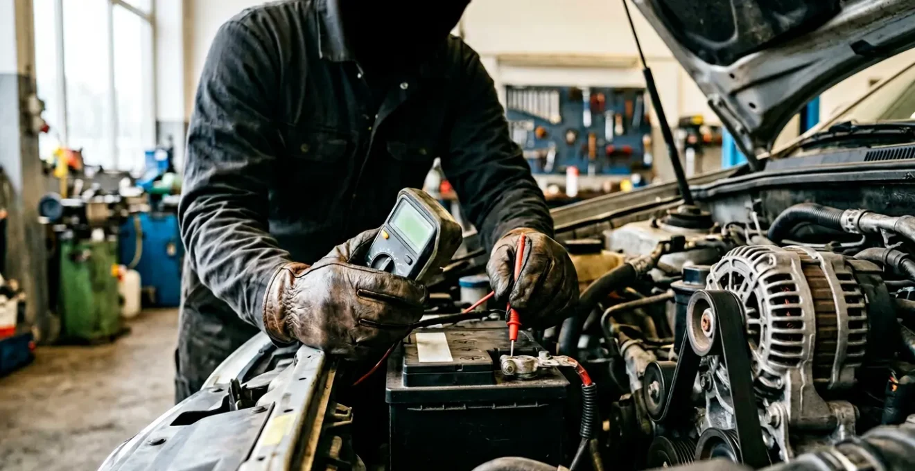 Mécanicien testant l'alternateur d'une voiture avec un multimètre, bornes de batterie visibles en gros plan