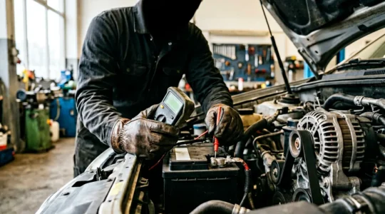 Mécanicien testant l'alternateur d'une voiture avec un multimètre, bornes de batterie visibles en gros plan