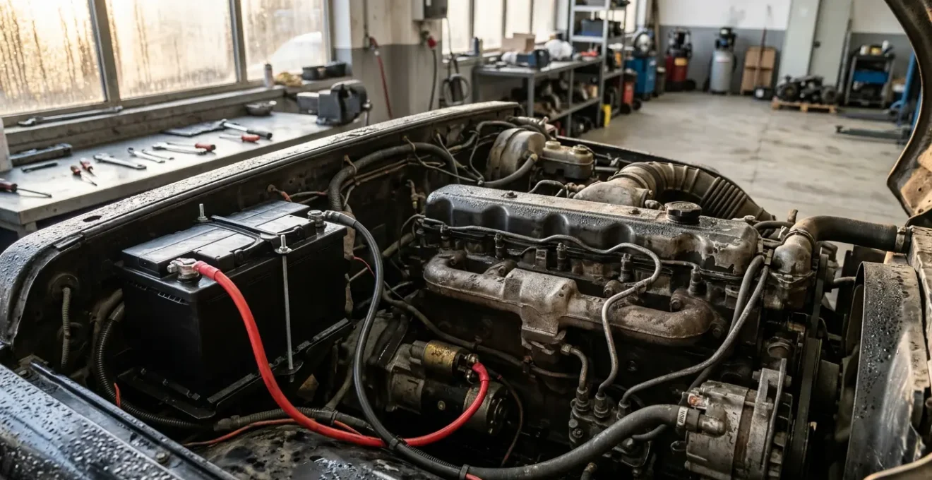 Moteur diesel avec système de démarrage et batterie visible dans un atelier mécanique au petit matin