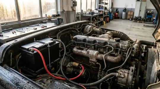 Moteur diesel avec système de démarrage et batterie visible dans un atelier mécanique au petit matin