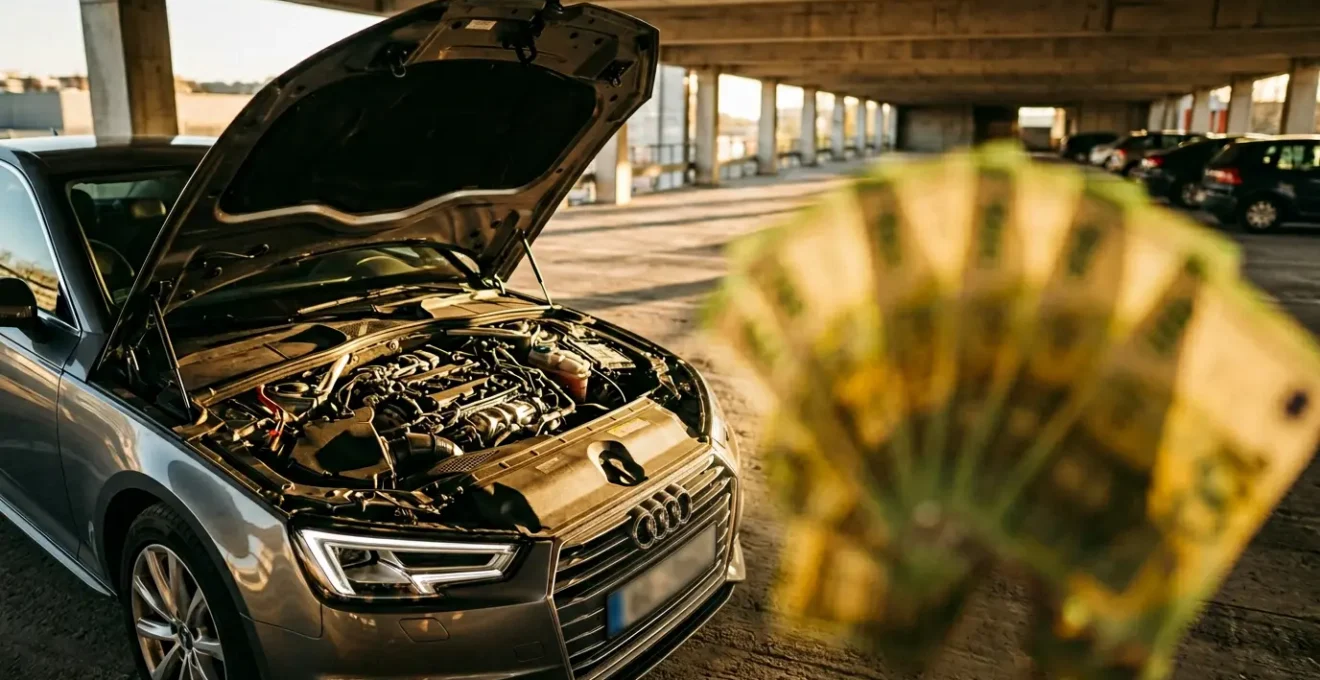 Voiture diesel d'occasion avec des billets de banque en arrière-plan symbolisant les économies