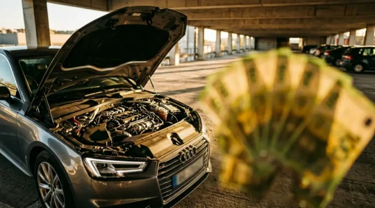 Voiture diesel d'occasion avec des billets de banque en arrière-plan symbolisant les économies