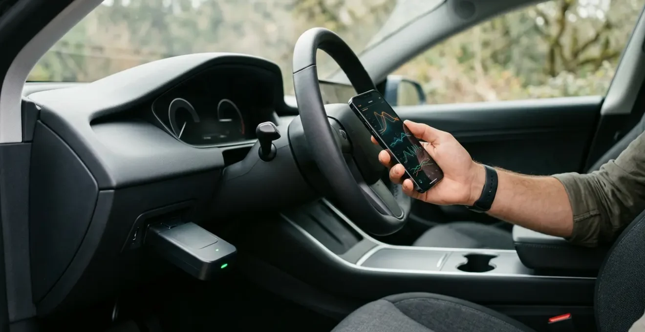 Dongle OBD2 connecté sur port diagnostic sous tableau de bord avec smartphone affichant données moteur