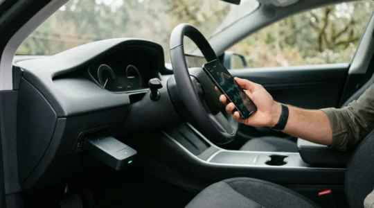 Dongle OBD2 connecté sur port diagnostic sous tableau de bord avec smartphone affichant données moteur