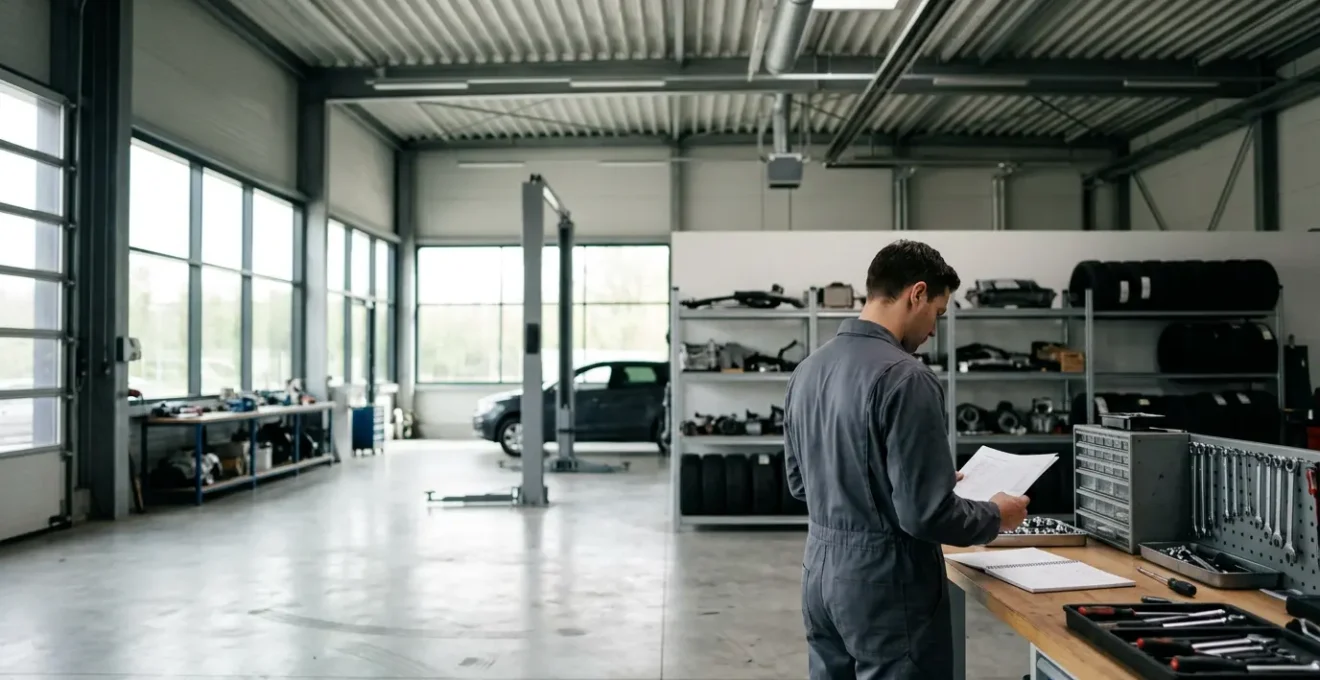Mécanicien examinant un carnet d'entretien dans un garage automobile éclairé