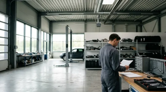 Mécanicien examinant un carnet d'entretien dans un garage automobile éclairé