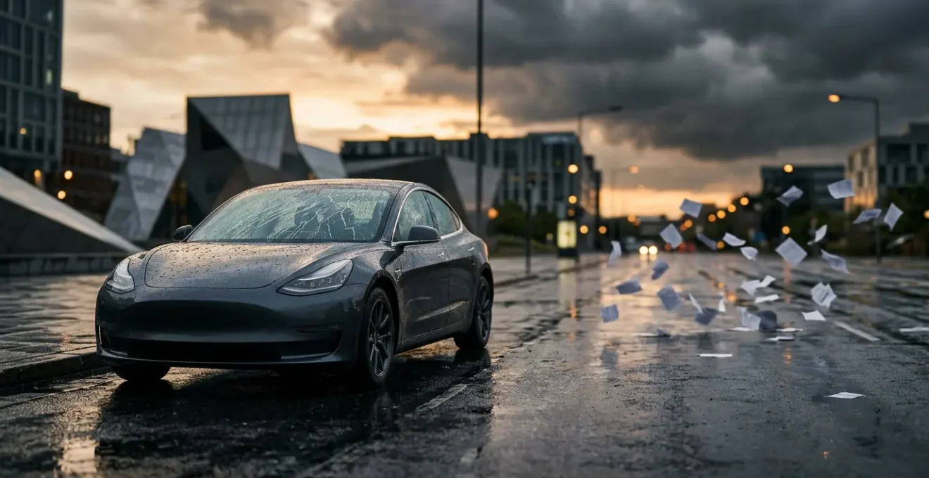 Vue en contre-plongée d'une voiture moderne immobilisée sous la pluie avec des documents flous d'assurance en arrière-plan