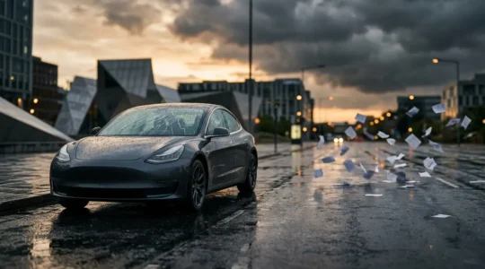 Vue en contre-plongée d'une voiture moderne immobilisée sous la pluie avec des documents flous d'assurance en arrière-plan