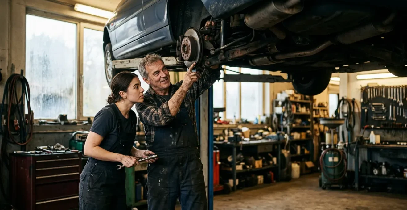 Un mécanicien professionnel guide un automobiliste dans un garage solidaire équipé de ponts élévateurs