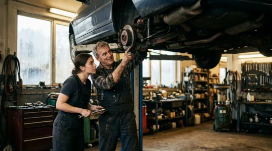 Un mécanicien professionnel guide un automobiliste dans un garage solidaire équipé de ponts élévateurs