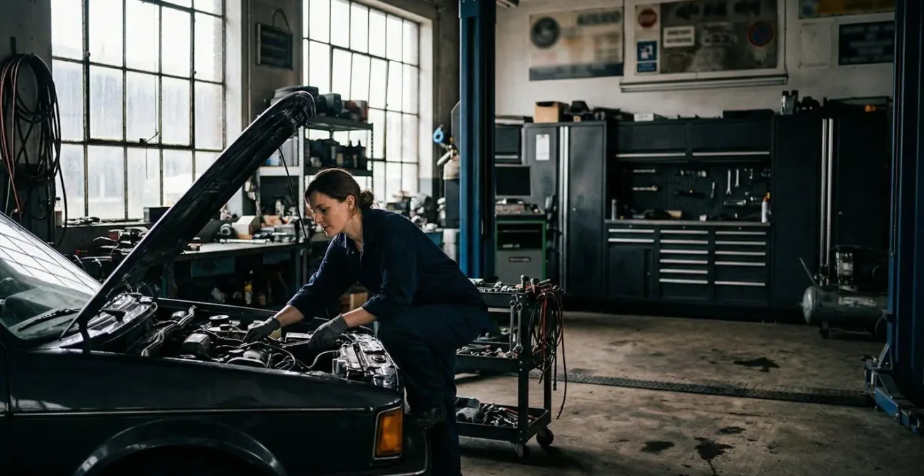Mécanicien professionnel travaillant sous le capot d'une voiture moderne dans un atelier indépendant