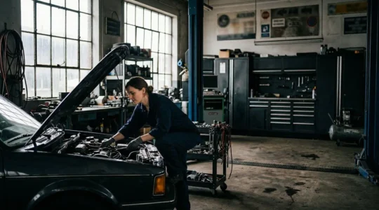Mécanicien professionnel travaillant sous le capot d'une voiture moderne dans un atelier indépendant