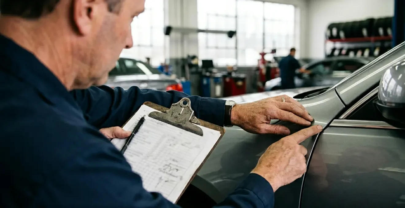Expert automobile inspectant la carrosserie d'une voiture pendant la restitution de leasing