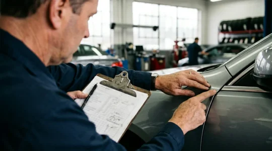 Expert automobile inspectant la carrosserie d'une voiture pendant la restitution de leasing