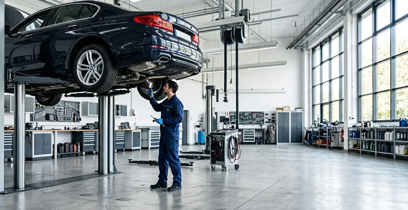 Mécanicien expert inspectant une voiture de luxe sur un pont élévateur dans un atelier moderne