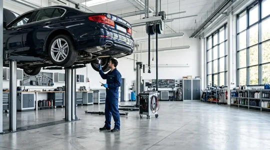 Mécanicien expert inspectant une voiture de luxe sur un pont élévateur dans un atelier moderne