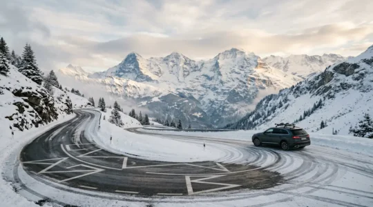 Route de montagne enneigée avec panneaux de signalisation hivernale et véhicule équipé pour l'hiver