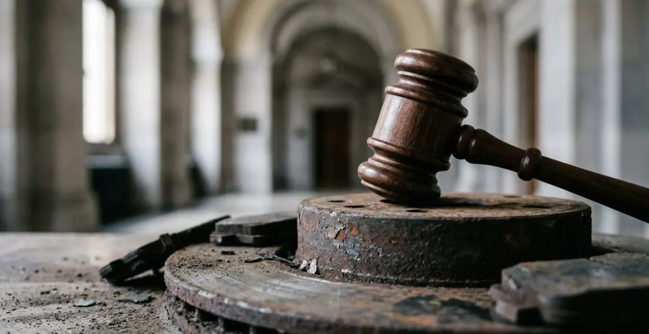 Marteau de justice posé sur une plaquette de frein usée symbolisant la responsabilité pénale