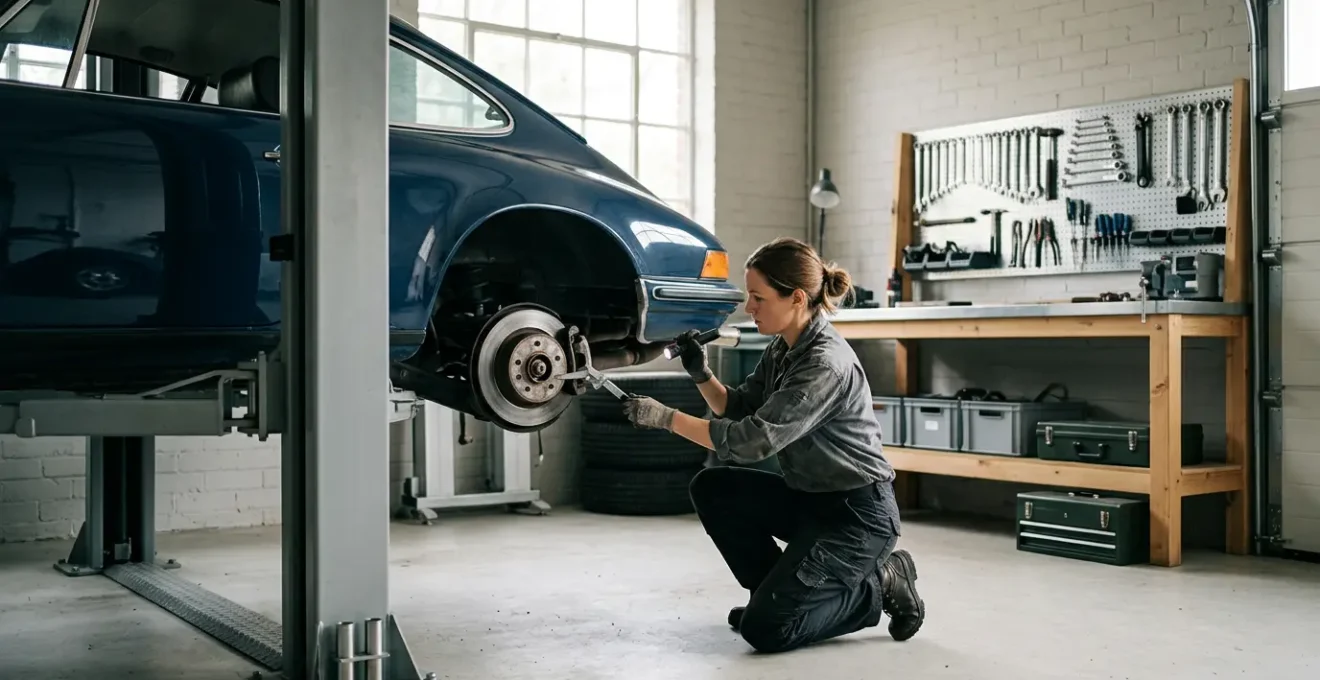 Mécanicien amateur inspectant les freins d'une voiture dans un garage personnel