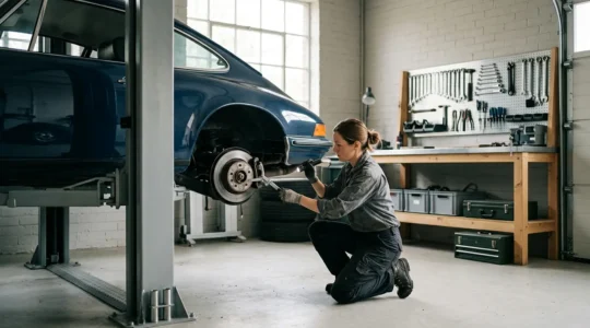 Mécanicien amateur inspectant les freins d'une voiture dans un garage personnel