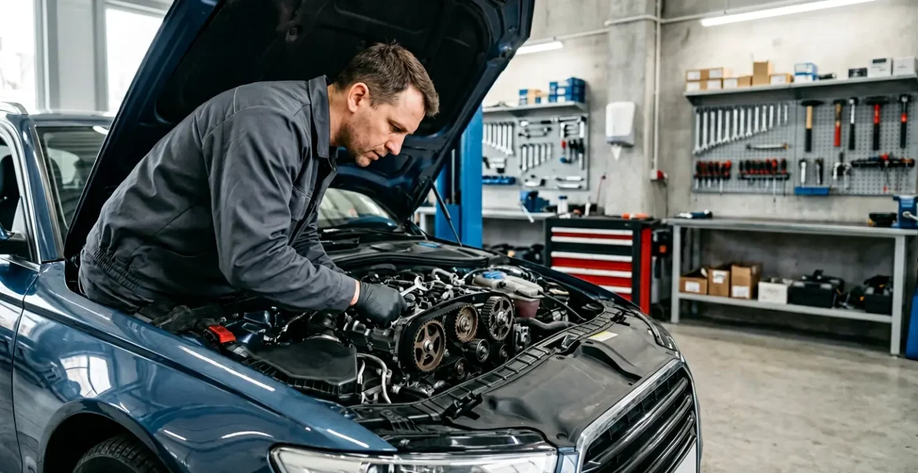Mécanicien professionnel inspectant minutieusement une courroie de distribution dans un garage automobile moderne