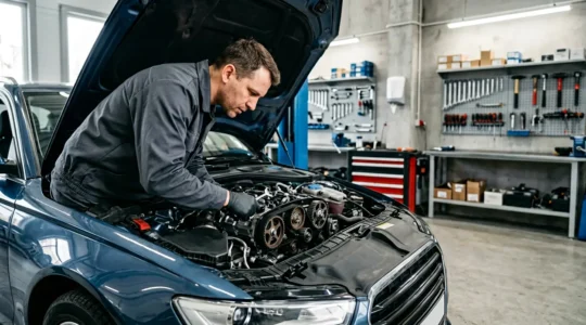 Mécanicien professionnel inspectant minutieusement une courroie de distribution dans un garage automobile moderne