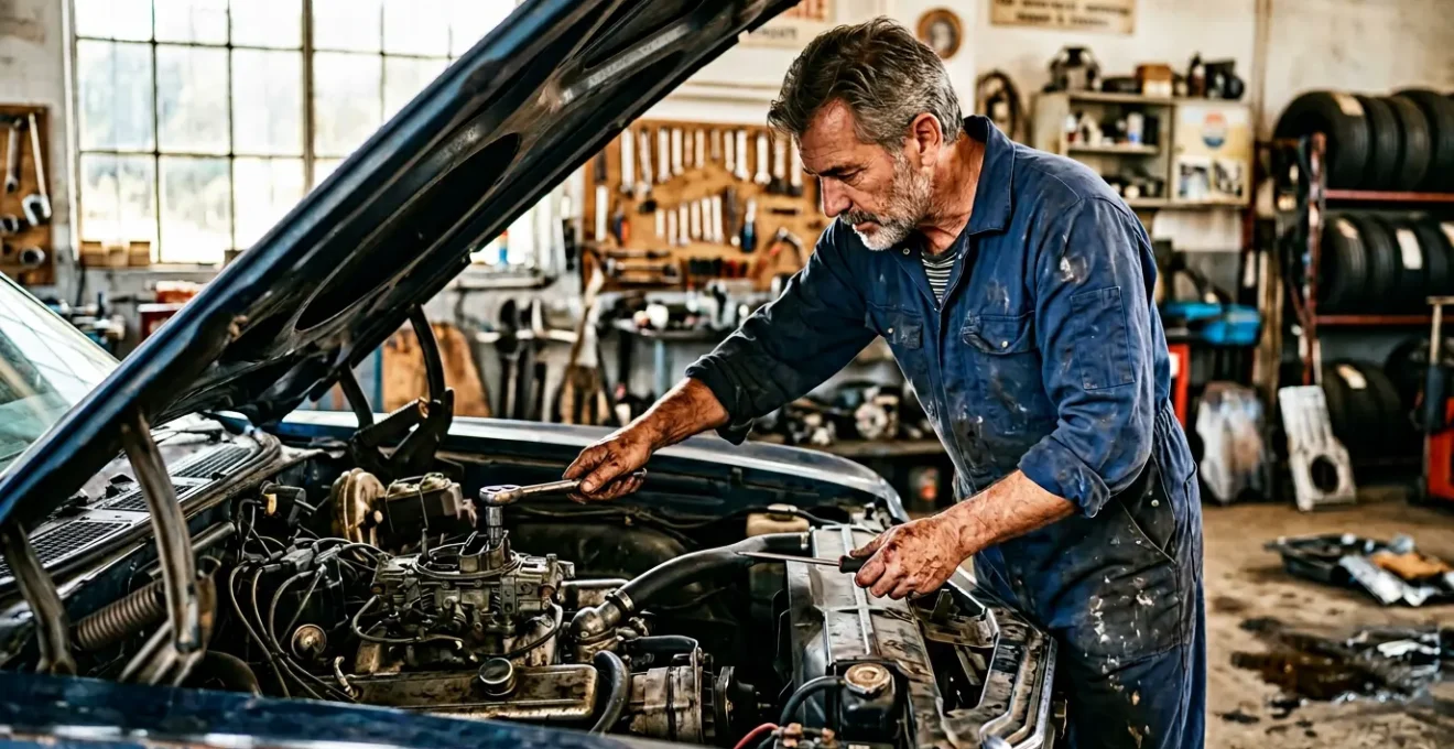Mécanicien expérimenté inspectant le moteur d'une voiture ancienne avec outils professionnels dans un atelier traditionnel