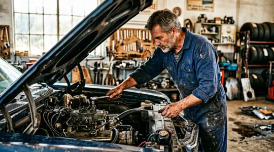 Mécanicien expérimenté inspectant le moteur d'une voiture ancienne avec outils professionnels dans un atelier traditionnel