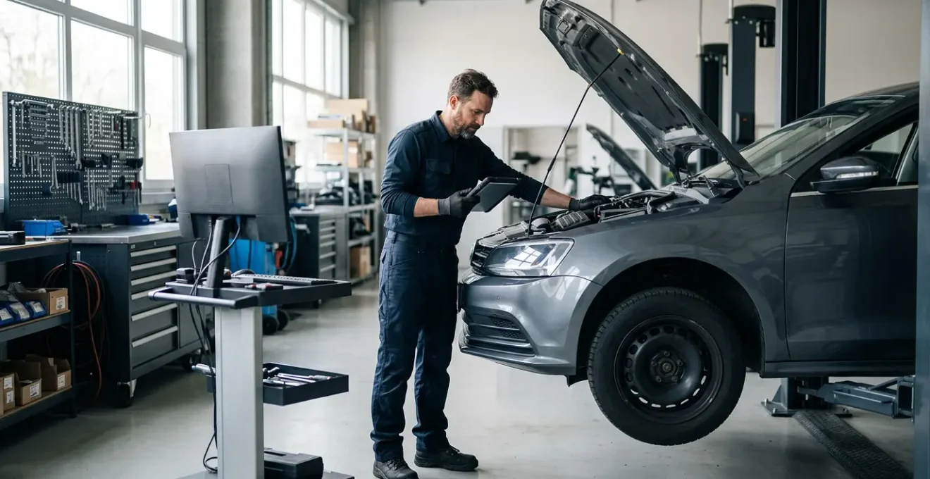Mécanicien professionnel utilisant un outil de diagnostic électronique dans un garage moderne