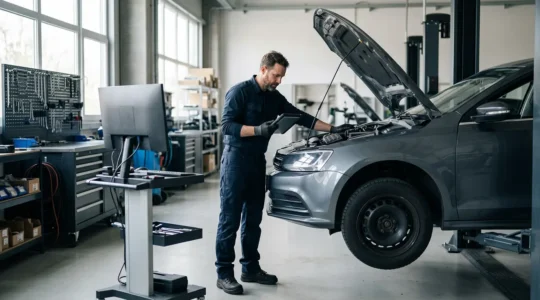Mécanicien professionnel utilisant un outil de diagnostic électronique dans un garage moderne