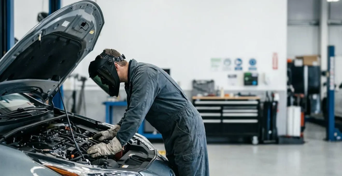 Mécanicien professionnel inspectant avec précaution les câbles haute tension d'un véhicule hybride dans un atelier moderne