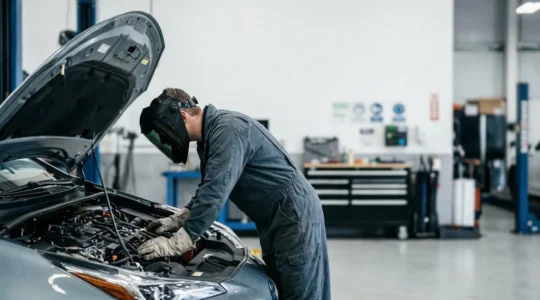 Mécanicien professionnel inspectant avec précaution les câbles haute tension d'un véhicule hybride dans un atelier moderne