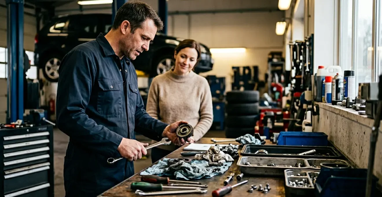 Mécanicien examinant des pièces détachées dans un garage indépendant avec un client en arrière-plan