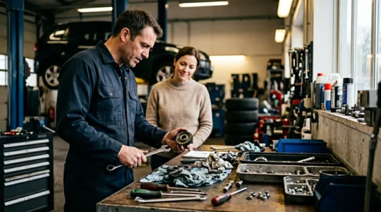 Mécanicien examinant des pièces détachées dans un garage indépendant avec un client en arrière-plan