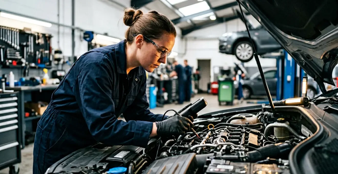 Mécanicien inspectant minutieusement un moteur dans un atelier automobile